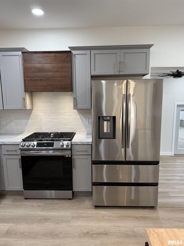 920 E 3rd St, Centralia, IL 62801 - kitchen with appliances with stainless steel finishes, gray cabinets, backsplash, light wood-style flooring, and recessed lighting