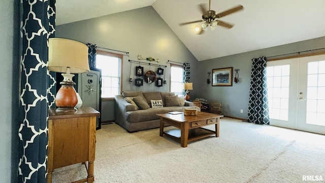 105 E Yung St, Sesser, IL 62884 - living room featuring a ceiling fan, french doors, high vaulted ceiling, and light carpet