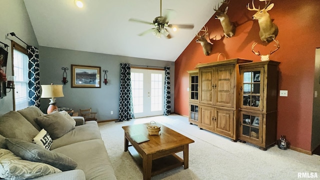 105 E Yung St, Sesser, IL 62884 - living room featuring a ceiling fan, baseboards, light colored carpet, and high vaulted ceiling