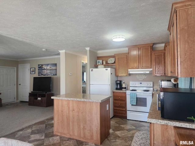312 Beulah St, Christopher, IL 62822 - kitchen with white range with electric stovetop, under cabinet range hood, a center island, light countertops, and crown molding