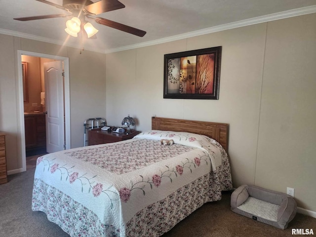312 Beulah St, Christopher, IL 62822 - carpeted bedroom featuring crown molding, a ceiling fan, and connected bathroom