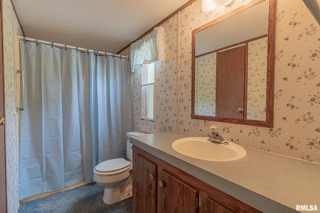 15751 E Tolle Rd, Mount Vernon, IL 62864 - bathroom with wallpapered walls, toilet, vanity, and a shower with curtain