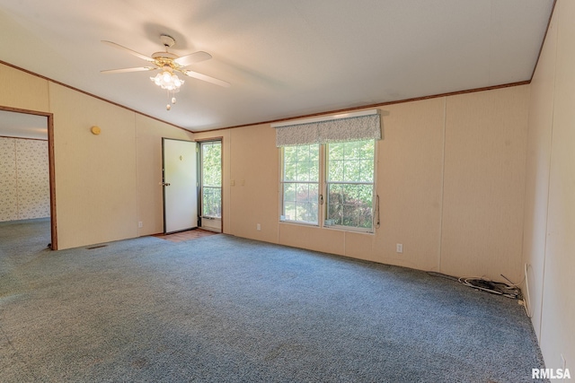 15751 E Tolle Rd, Mount Vernon, IL 62864 - carpeted spare room featuring vaulted ceiling, ceiling fan, and ornamental molding