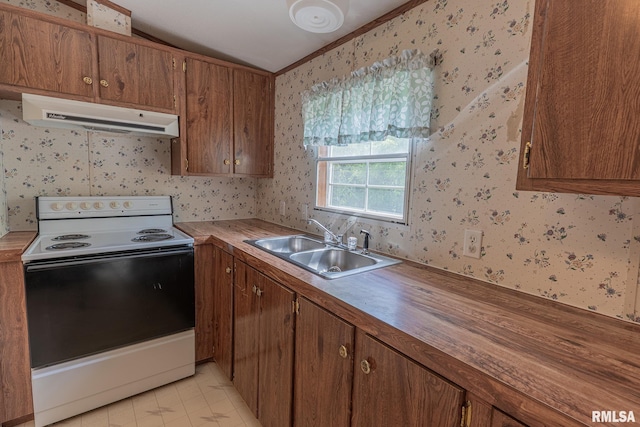 15751 E Tolle Rd, Mount Vernon, IL 62864 - kitchen with range with electric stovetop, ventilation hood, wallpapered walls, a sink, and vaulted ceiling