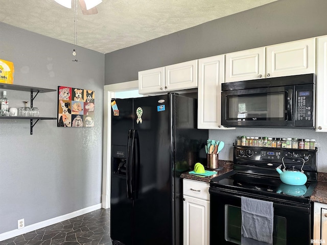 401 S 1st St, Marion, IL 62959 - kitchen with black appliances, baseboards, dark countertops, white cabinets, and ceiling fan