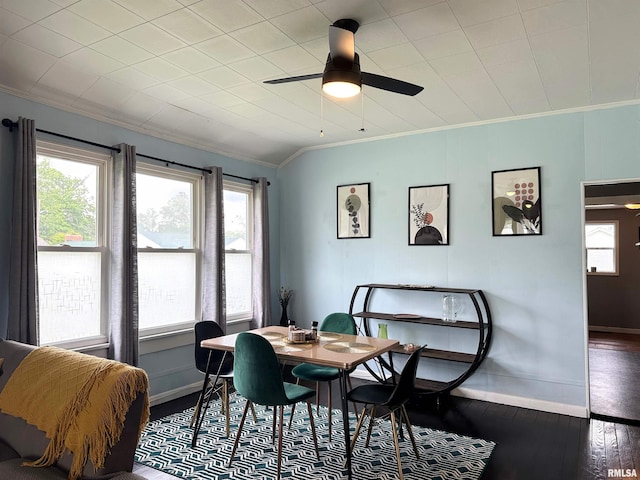 401 S 1st St, Marion, IL 62959 - dining room featuring crown molding, wood-type flooring, baseboards, and ceiling fan