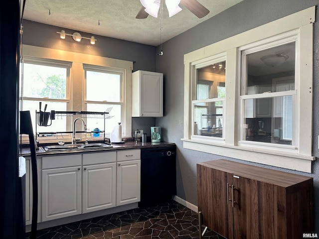 401 S 1st St, Marion, IL 62959 - kitchen with a sink, dishwasher, dark countertops, white cabinetry, and ceiling fan