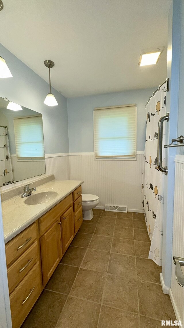112 Prairie Rd, Carterville, IL 62918 - full bath featuring wainscoting, vanity, toilet, a skylight, and tile patterned flooring