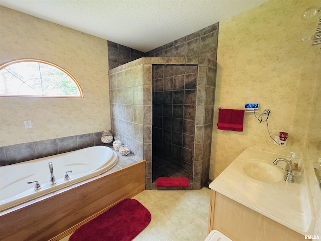 3621 Andrews Ct, Salem, IL 62881 - bathroom featuring a walk in shower, a garden tub, a tiled fireplace, a textured ceiling, and vanity