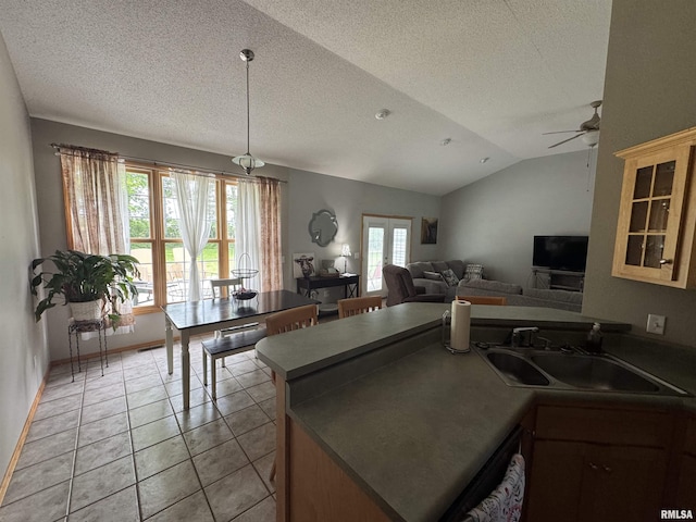 3621 Andrews Ct, Salem, IL 62881 - kitchen featuring a sink, a peninsula, a textured ceiling, a ceiling fan, and open floor plan