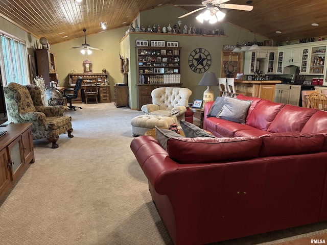 13916 Leisure Ln, Benton, IL 62812 - living area with ceiling fan, wooden ceiling, vaulted ceiling, carpet floors, and an office area