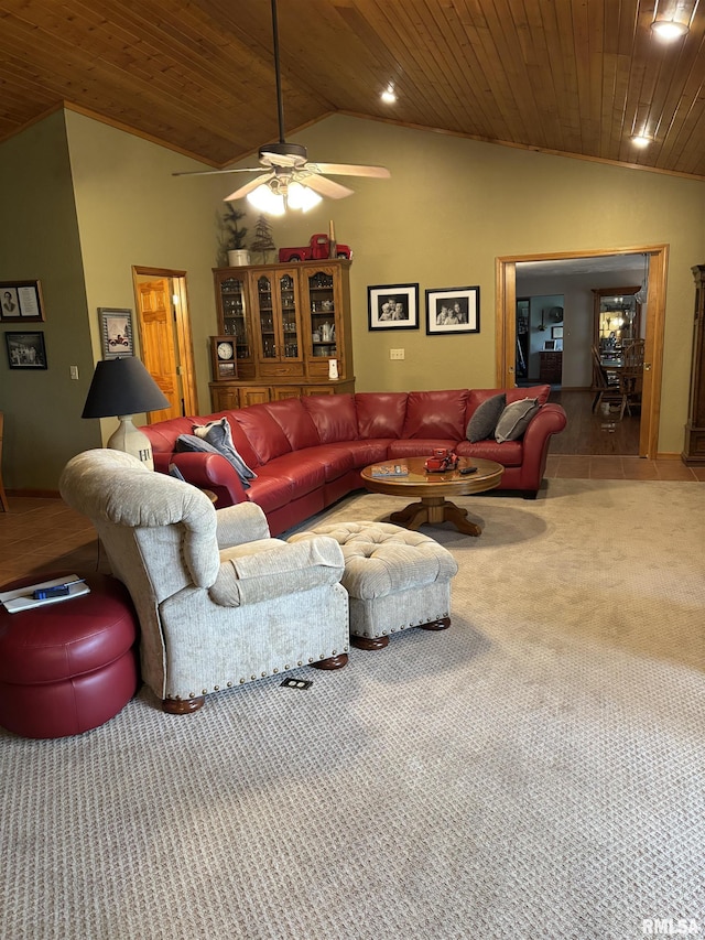 13916 Leisure Ln, Benton, IL 62812 - carpeted living room with wooden ceiling, lofted ceiling, a ceiling fan, and recessed lighting