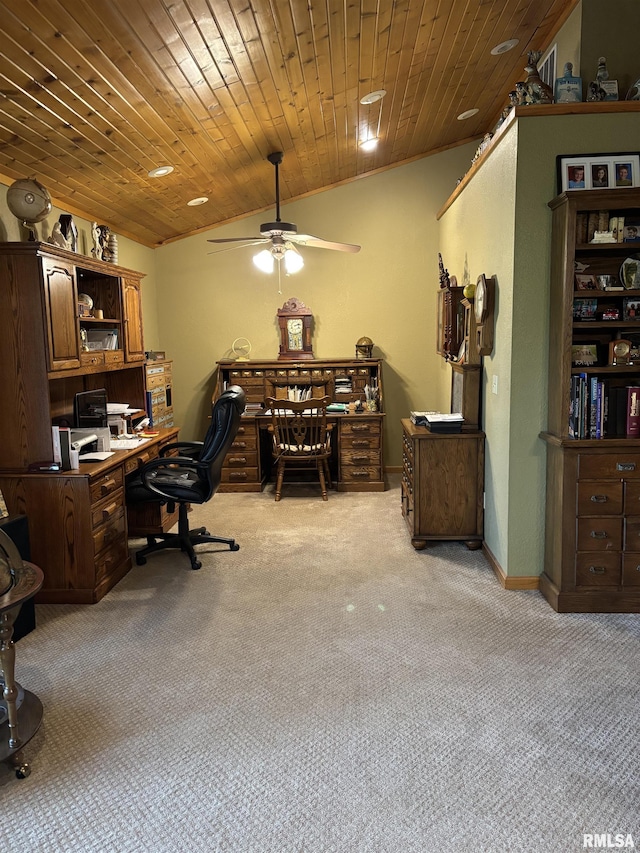 13916 Leisure Ln, Benton, IL 62812 - home office featuring light colored carpet, lofted ceiling, ceiling fan, and wood ceiling