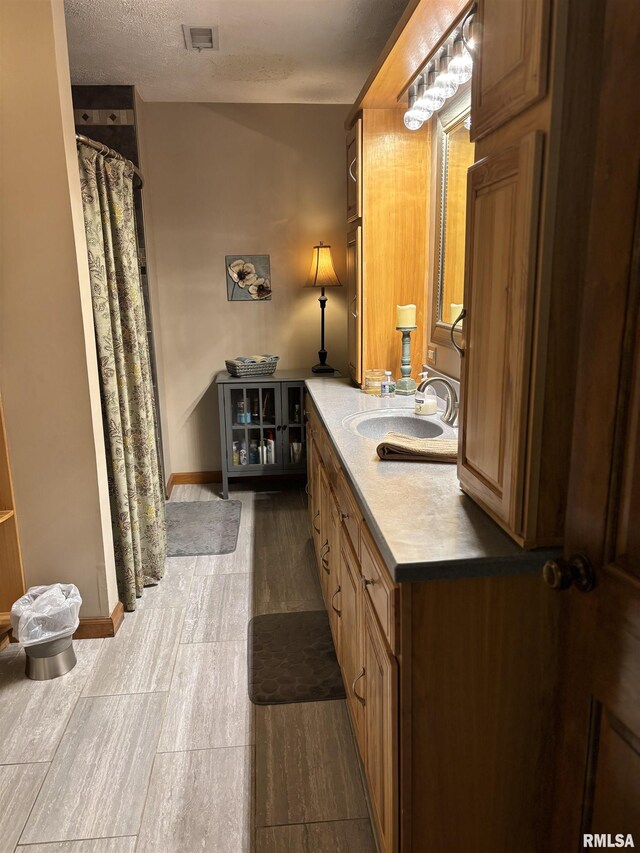 13916 Leisure Ln, Benton, IL 62812 - full bathroom with baseboards, vanity, curtained shower, and a textured ceiling