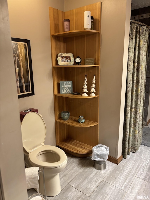 13916 Leisure Ln, Benton, IL 62812 - bathroom featuring wood finished floors, a shower with curtain, and toilet