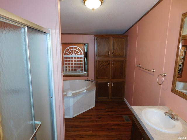 403 E Sycamore St, Kinmundy, IL 62854 - full bath featuring wood finished floors, a garden tub, vanity, and an enclosed shower