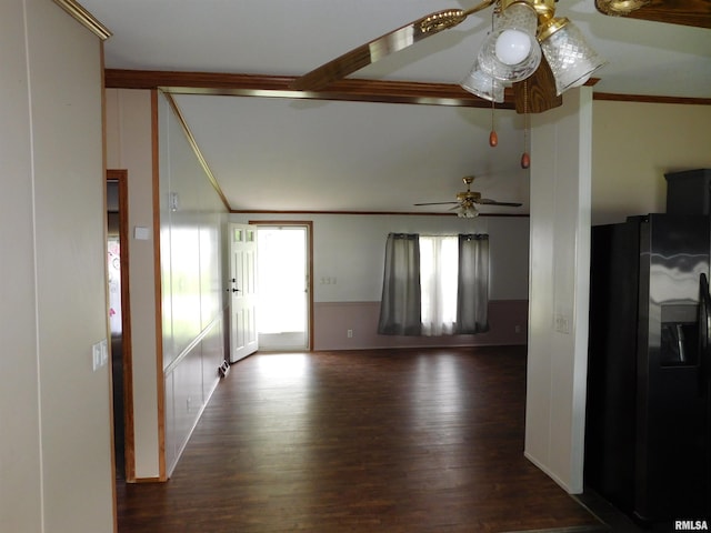 403 E Sycamore St, Kinmundy, IL 62854 - unfurnished living room featuring a ceiling fan, dark wood-type flooring, and ornamental molding