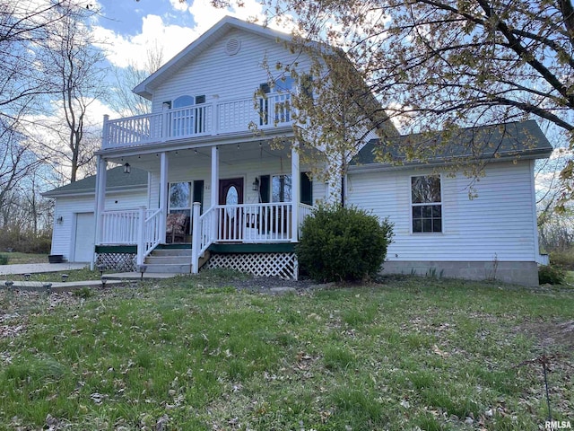 407 N Howard St, Ava, IL 62907 - back of house featuring a balcony, a porch, a lawn, and a garage