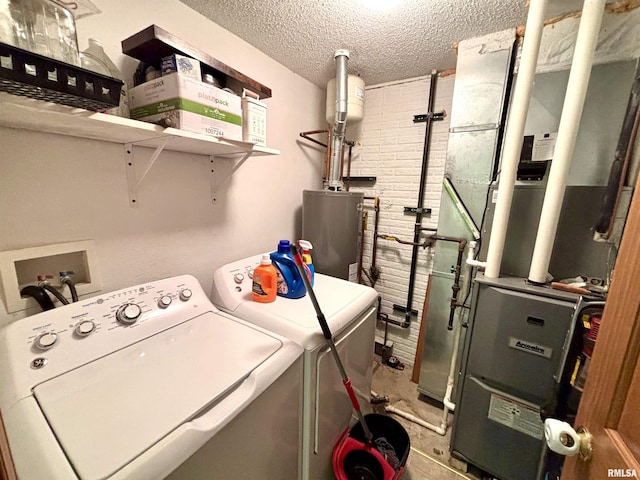 7544 Geranium Rd, Oakdale, IL 62268 - laundry area with washer and clothes dryer, a textured ceiling, heating unit, and water heater