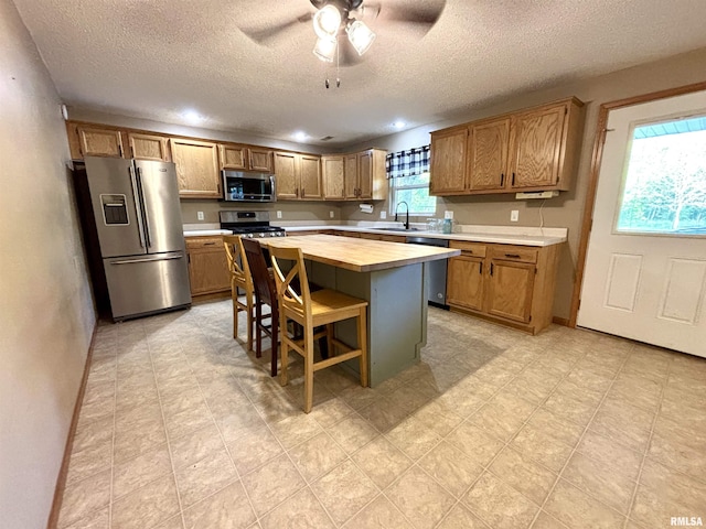 7544 Geranium Rd, Oakdale, IL 62268 - kitchen featuring appliances with stainless steel finishes, a sink, a textured ceiling, a ceiling fan, and a kitchen island
