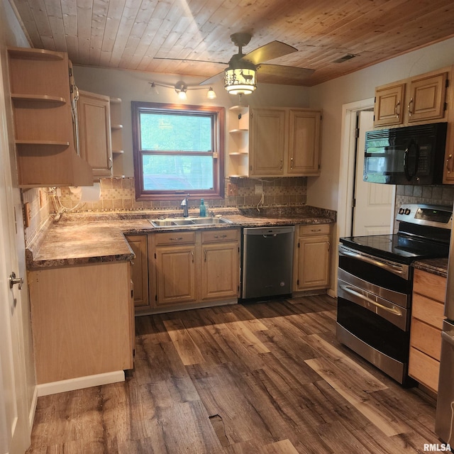 15267 N Woodlawn Ln, Woodlawn, IL 62898 - kitchen with open shelves, stainless steel appliances, wood ceiling, a sink, and tasteful backsplash
