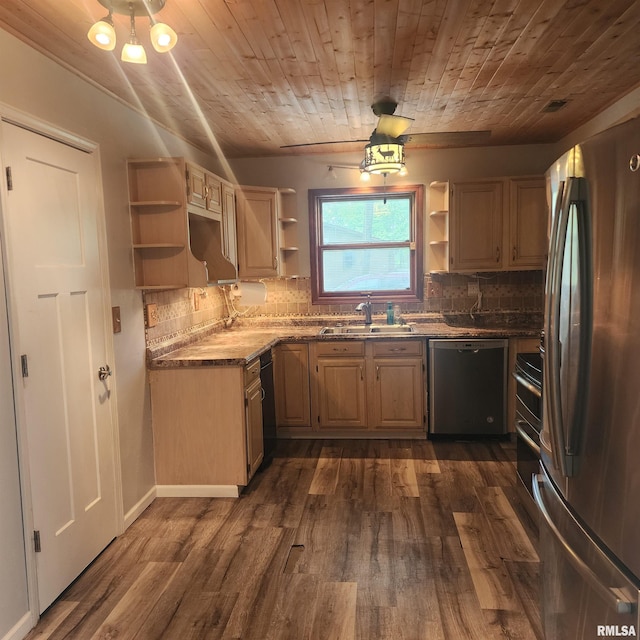 15267 N Woodlawn Ln, Woodlawn, IL 62898 - kitchen featuring open shelves, appliances with stainless steel finishes, a sink, wooden ceiling, and backsplash