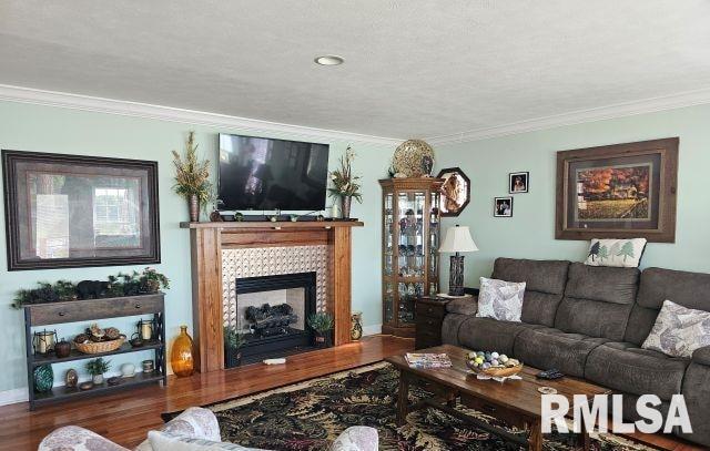 160 Front St, Elizabethtown, IL 62931 - living room with crown molding, wood finished floors, a tiled fireplace, and baseboards