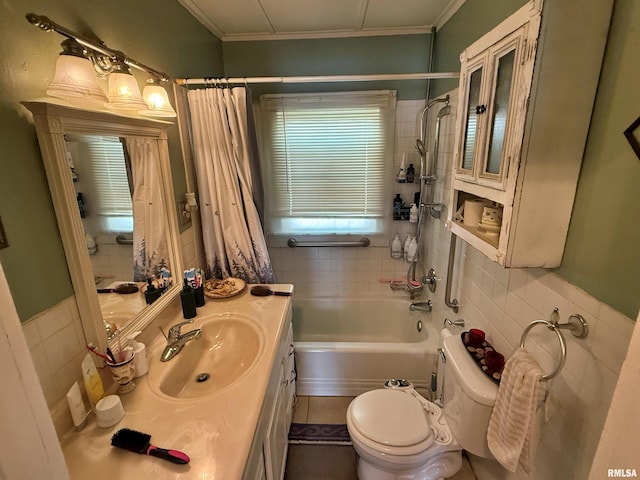 6556 S US-45 Rd, Brookport, IL 62910 - bathroom featuring toilet, shower / tub combo, tile walls, vanity, and crown molding