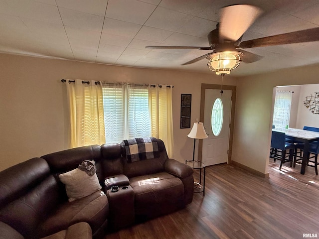 6556 S US-45 Rd, Brookport, IL 62910 - living area with plenty of natural light, wood finished floors, a ceiling fan, and baseboards