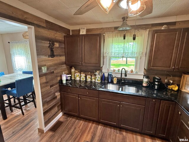 6556 S US-45 Rd, Brookport, IL 62910 - kitchen with a sink, wood walls, wood finished floors, a ceiling fan, and dark brown cabinetry