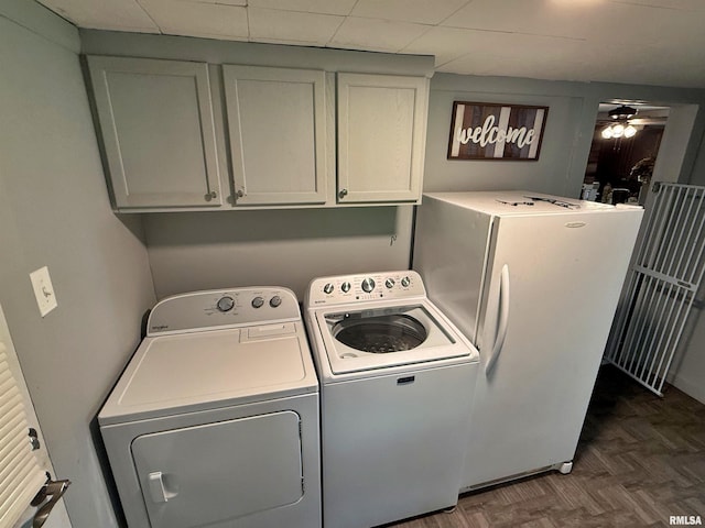 6556 S US-45 Rd, Brookport, IL 62910 - laundry room featuring independent washer and dryer, cabinet space, and a ceiling fan