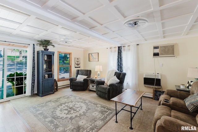 2560 Egyptian Hills Dr, Creal Springs, IL 62922 - living room with heating unit, coffered ceiling, a wall mounted air conditioner, light wood-style floors, and baseboard heating