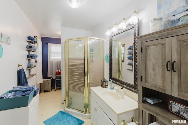 2560 Egyptian Hills Dr, Creal Springs, IL 62922 - full bath featuring crown molding, a shower stall, vanity, and tile patterned floors