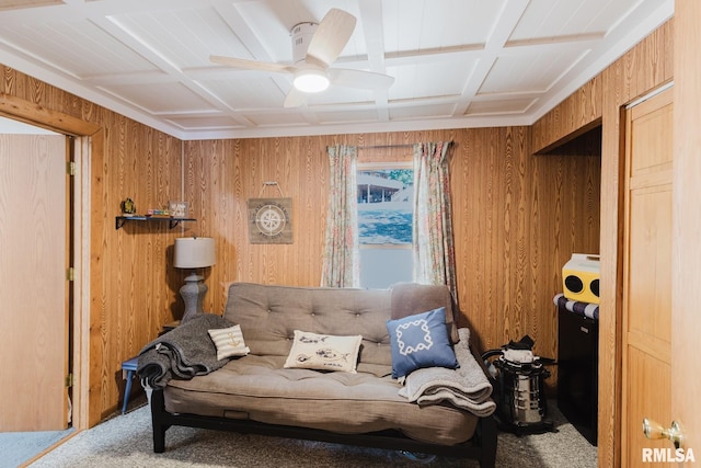 2560 Egyptian Hills Dr, Creal Springs, IL 62922 - sitting room with carpet flooring, wood walls, a ceiling fan, and coffered ceiling