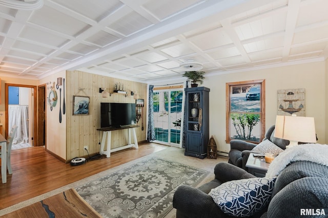 2560 Egyptian Hills Dr, Creal Springs, IL 62922 - living room with coffered ceiling, baseboards, a baseboard heating unit, wood finished floors, and wooden walls