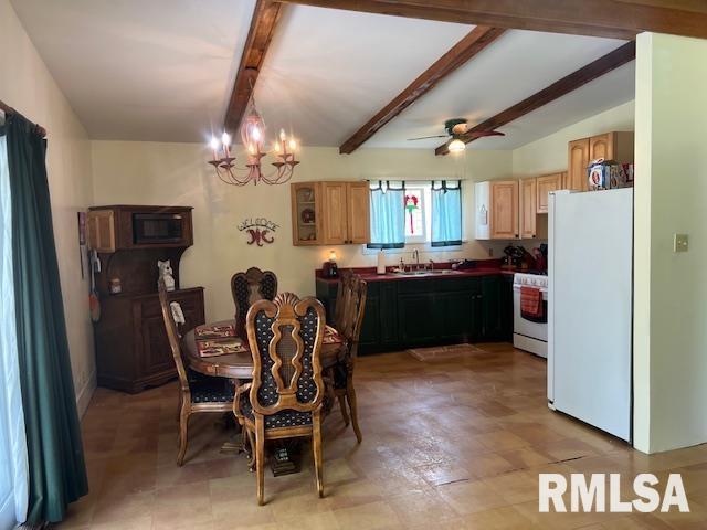 dining room featuring beamed ceiling, a chandelier, ceiling fan, and light floors