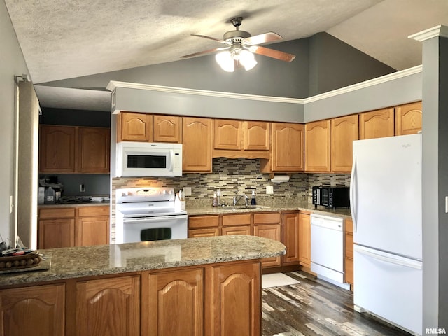 103 Chase Ln, Marion, IL 62959 - kitchen with white appliances, a sink, a ceiling fan, high vaulted ceiling, and decorative backsplash