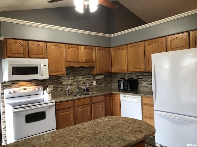 103 Chase Ln, Marion, IL 62959 - kitchen with white appliances, ceiling fan, backsplash, brown cabinetry, and high vaulted ceiling