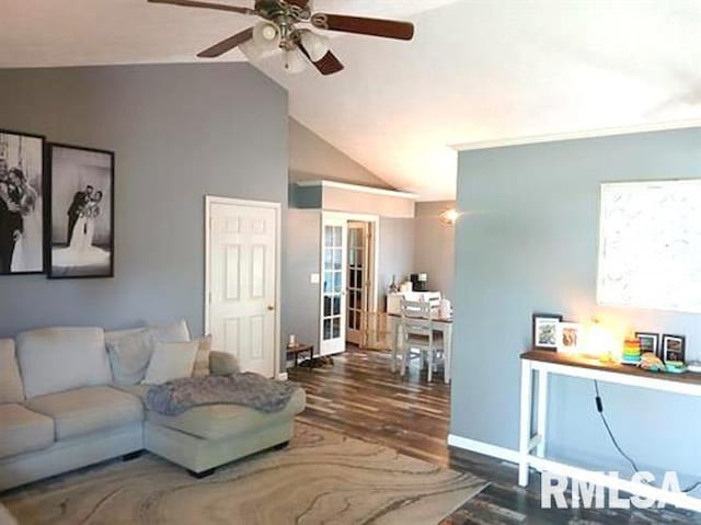 103 Chase Ln, Marion, IL 62959 - living area with wood finished floors, lofted ceiling, a ceiling fan, and baseboards