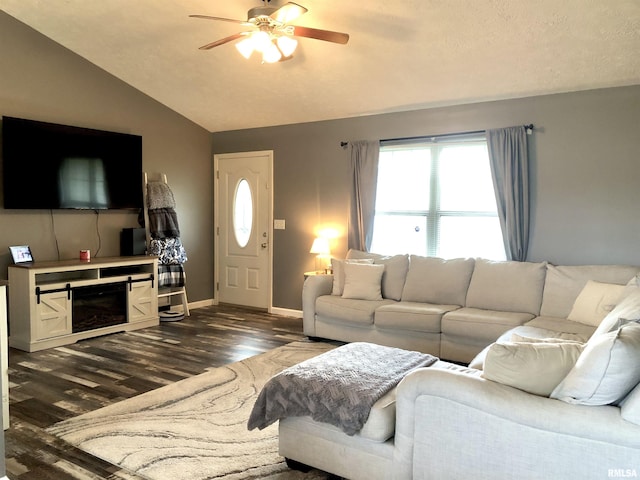 103 Chase Ln, Marion, IL 62959 - living room with vaulted ceiling, ceiling fan, healthy amount of natural light, dark wood finished floors, and baseboards
