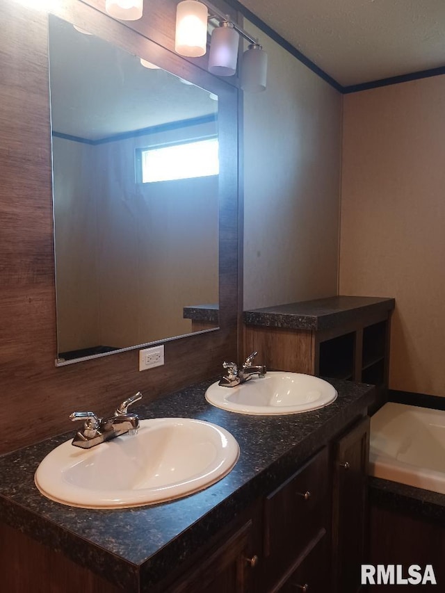 bathroom featuring crown molding and double vanity