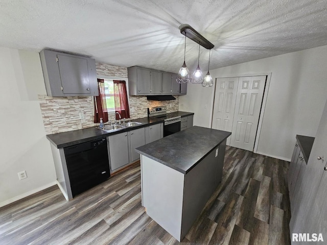 901 W 4th St, Bluford, IL 62814 - kitchen with stainless steel electric range, dark countertops, dishwasher, gray cabinetry, and a textured ceiling