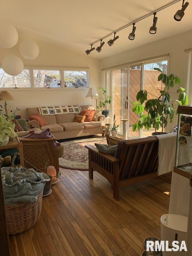 living room with rail lighting and dark wood-style flooring