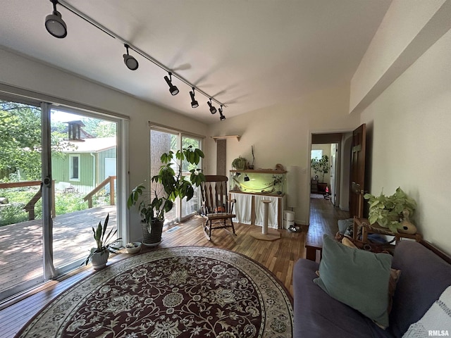 living area featuring rail lighting and hardwood / wood-style floors