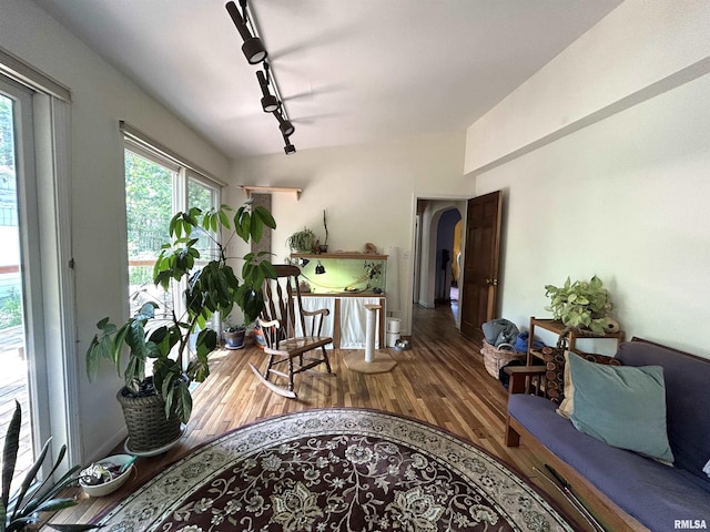 sitting room featuring track lighting, arched walkways, and wood finished floors