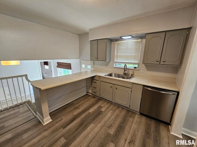 2 Parker Dr, Mount Vernon, IL 62864 - kitchen featuring a sink, stainless steel dishwasher, gray cabinetry, dark wood-type flooring, and a peninsula