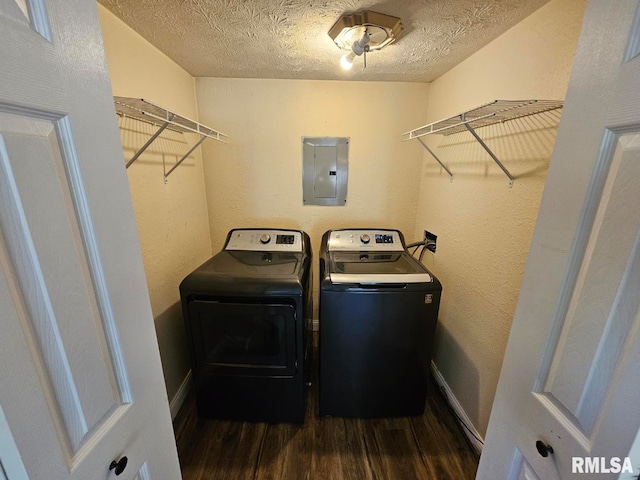 2 Parker Dr, Mount Vernon, IL 62864 - laundry area with electric panel, washing machine and clothes dryer, dark wood-style floors, a textured ceiling, and baseboards