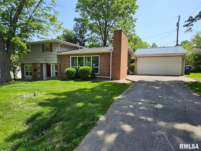 2 Parker Dr, Mount Vernon, IL 62864 - view of front of property featuring brick siding, a chimney, a front lawn, and a detached garage