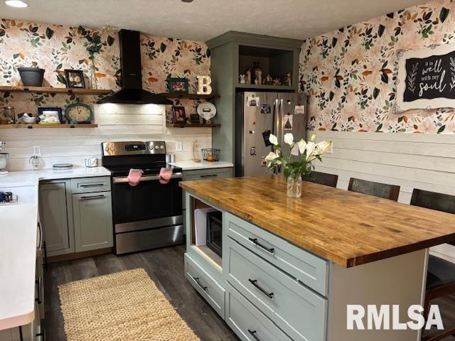 1500 Saint Andrews Pl, Herrin, IL 62948 - kitchen with open shelves, exhaust hood, stainless steel appliances, wooden counters, and dark wood finished floors