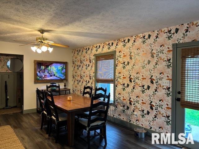1500 Saint Andrews Pl, Herrin, IL 62948 - dining area featuring wallpapered walls, baseboards, dark wood-type flooring, plenty of natural light, and a textured ceiling